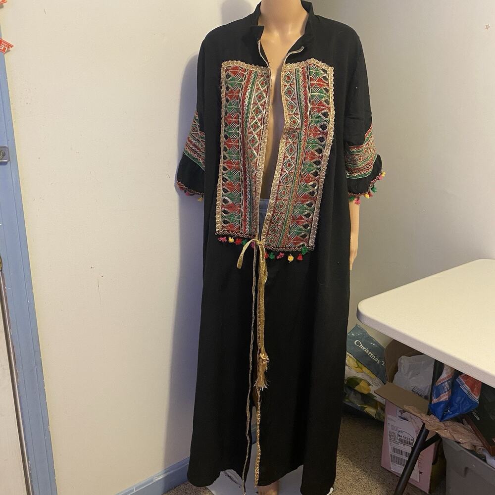 Vintage 90s Egyptian Kimono Full Length Cardigan Blink Embroidery Black Boho 2X - Picture 7 of 11